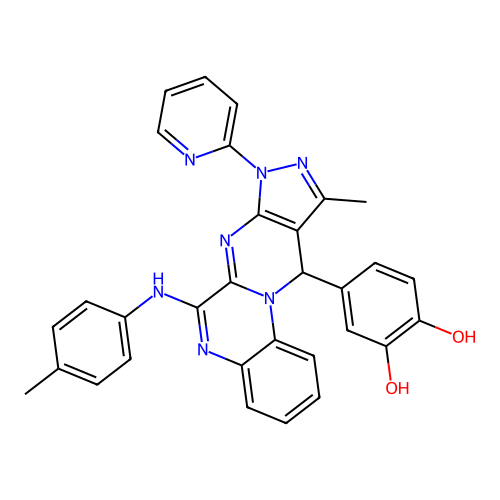4-(10-methyl-8-(pyridin-2-yl)-6-(p-tolylamino)-8,11-dihydropyrazolo[3',4':4,5]pyrimido[1,2-a]quinoxalin-11-yl)benzene-1,2-diol structure