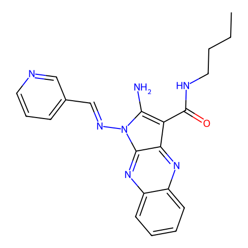 (E)-2-amino-N-butyl-1-((pyridin-3-ylmethylene)amino)-1H-pyrrolo[2,3-b]quinoxaline-3-carboxamide structure