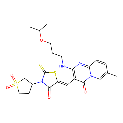 3-{(Z)-[3-(1,1-dioxidotetrahydrothiophen-3-yl)-4-oxo-2-thioxo-1,3-thiazolidin-5-ylidene]methyl}-7-methyl-2-{[3-(propan-2-yloxy)propyl]amino}-4H-pyrido[1,2-a]pyrimidin-4-one structure