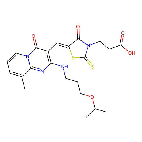 3-{(5Z)-5-[(9-methyl-4-oxo-2-{[3-(propan-2-yloxy)propyl]amino}-4H-pyrido[1,2-a]pyrimidin-3-yl)methylidene]-4-oxo-2-thioxo-1,3-thiazolidin-3-yl}propanoic acid structure
