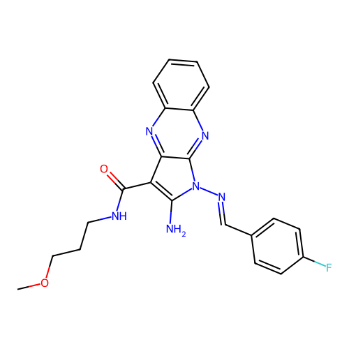 (E)-2-amino-1-((4-fluorobenzylidene)amino)-N-(3-methoxypropyl)-1H-pyrrolo[2,3-b]quinoxaline-3-carboxamide structure
