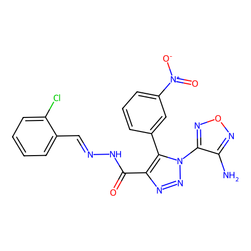 (E)-1-(4-amino-1,2,5-oxadiazol-3-yl)-N'-(2-chlorobenzylidene)-5-(3-nitrophenyl)-1H-1,2,3-triazole-4-carbohydrazide structure
