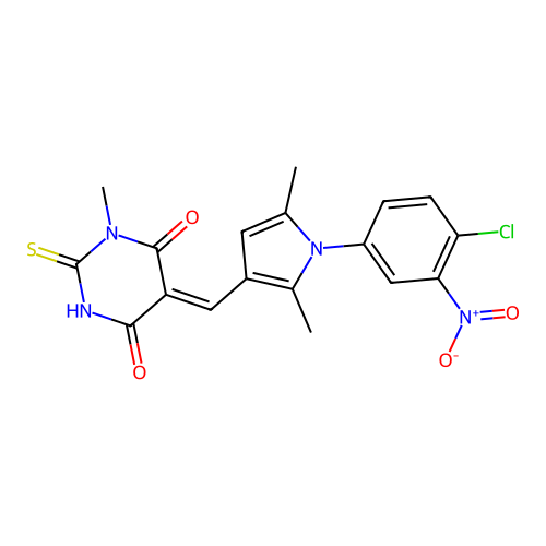 (5Z)-5-[[1-(4-chloro-3-nitrophenyl)-2,5-dimethylpyrrol-3-yl]methylidene]-1-methyl-2-sulfanylidene-1,3-diazinane-4,6-dione structure