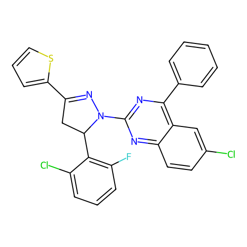 6-chloro-2-(5-(2-chloro-6-fluorophenyl)-3-(thiophen-2-yl)-4,5-dihydro-1H-pyrazol-1-yl)-4-phenylquinazoline structure