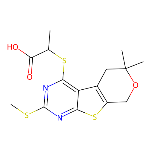 2-((6,6-dimethyl-2-(methylthio)-6,8-dihydro-5H-pyrano[4',3':4,5]thieno[2,3-d]pyrimidin-4-yl)thio)propanoic acid structure