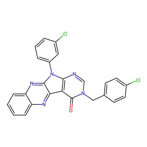 3-(4-chlorobenzyl)-11-(3-chlorophenyl)-3,11-dihydro-4H-pyrimido[5',4':4,5]pyrrolo[2,3-b]quinoxalin-4-one structure