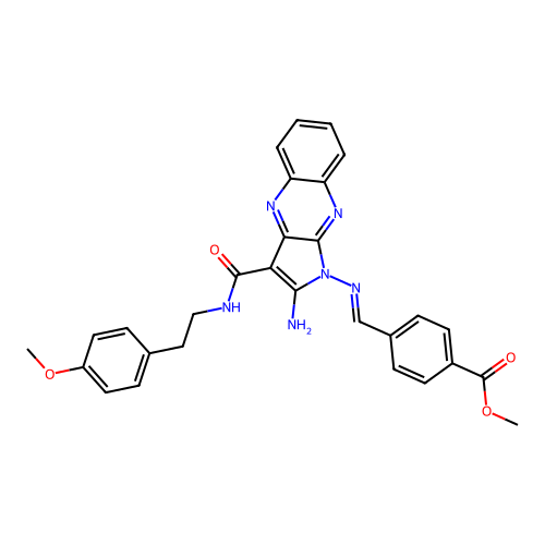 (E)-methyl 4-(((2-amino-3-((4-methoxyphenethyl)carbamoyl)-1H-pyrrolo[2,3-b]quinoxalin-1-yl)imino)methyl)benzoate structure