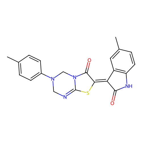 (7Z)-7-(5-methyl-2-oxo-1,2-dihydro-3H-indol-3-ylidene)-3-(4-methylphenyl)-3,4-dihydro-2H-[1,3]thiazolo[3,2-a][1,3,5]triazin-6(7H)-one structure