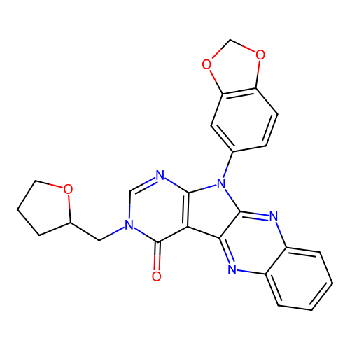 11-(benzo[d][1,3]dioxol-5-yl)-3-((tetrahydrofuran-2-yl)methyl)-3H-pyrimido[5',4':4,5]pyrrolo[2,3-b]quinoxalin-4(11H)-one structure