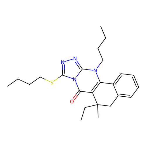 12-butyl-9-(butylthio)-6-ethyl-6-methyl-5,6-dihydrobenzo[h][1,2,4]triazolo[3,4-b]quinazolin-7(12H)-one structure