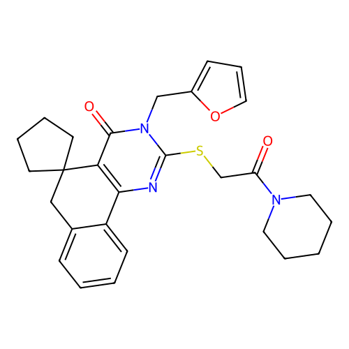 3-(furan-2-ylmethyl)-2-((2-oxo-2-(piperidin-1-yl)ethyl)thio)-3H-spiro[benzo[h]quinazoline-5,1'-cyclopentan]-4(6H)-one structure