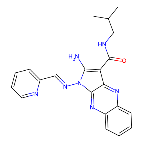 (E)-2-amino-N-isobutyl-1-((pyridin-2-ylmethylene)amino)-1H-pyrrolo[2,3-b]quinoxaline-3-carboxamide structure