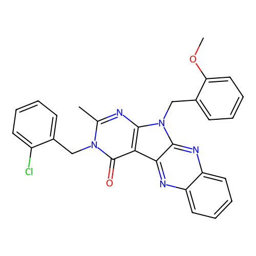 3-(2-chlorobenzyl)-11-(2-methoxybenzyl)-2-methyl-3H-pyrimido[5',4':4,5]pyrrolo[2,3-b]quinoxalin-4(11H)-one structure