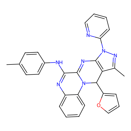 11-(furan-2-yl)-10-methyl-8-(pyridin-2-yl)-N-(p-tolyl)-8,11-dihydropyrazolo[3',4':4,5]pyrimido[1,2-a]quinoxalin-6-amine structure