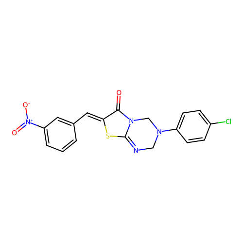 (Z)-3-(4-chlorophenyl)-7-(3-nitrobenzylidene)-3,4-dihydro-2H-thiazolo[3,2-a][1,3,5]triazin-6(7H)-one structure
