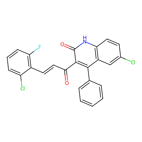 (E)-6-chloro-3-(3-(2-chloro-6-fluorophenyl)acryloyl)-4-phenylquinolin-2(1H)-one structure