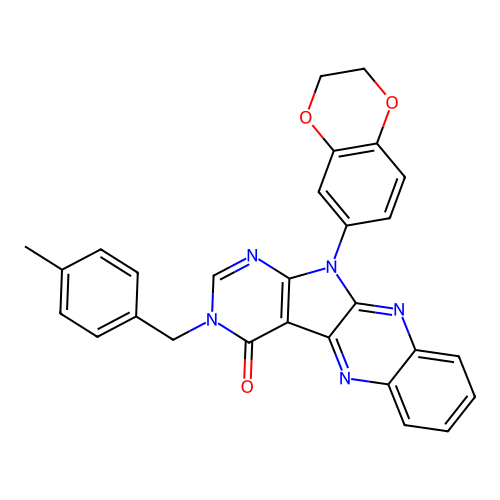 11-(2,3-dihydrobenzo[b][1,4]dioxin-6-yl)-3-(4-methylbenzyl)-3H-pyrimido[5',4':4,5]pyrrolo[2,3-b]quinoxalin-4(11H)-one structure