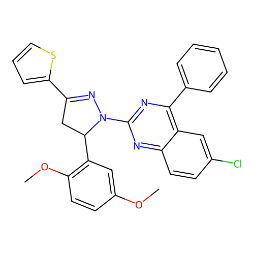 6-chloro-2-(5-(2,5-dimethoxyphenyl)-3-(thiophen-2-yl)-4,5-dihydro-1H-pyrazol-1-yl)-4-phenylquinazoline structure