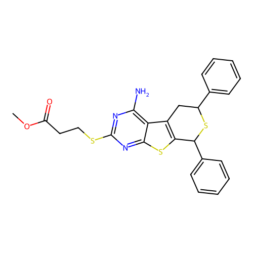 methyl 3-((4-amino-6,8-diphenyl-6,8-dihydro-5H-thiopyrano[4',3':4,5]thieno[2,3-d]pyrimidin-2-yl)thio)propanoate structure