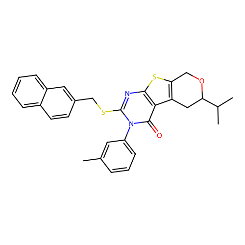 6-isopropyl-2-((naphthalen-2-ylmethyl)thio)-3-(m-tolyl)-5,6-dihydro-3H-pyrano[4',3':4,5]thieno[2,3-d]pyrimidin-4(8H)-one structure