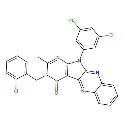 3-(2-chlorobenzyl)-11-(3,5-dichlorophenyl)-2-methyl-3,11-dihydro-4H-pyrimido[5',4':4,5]pyrrolo[2,3-b]quinoxalin-4-one structure