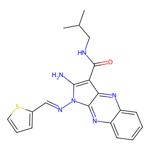 (E)-2-amino-N-isobutyl-1-((thiophen-2-ylmethylene)amino)-1H-pyrrolo[2,3-b]quinoxaline-3-carboxamide structure