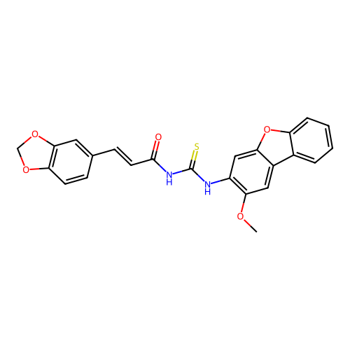 (E)-3-(1,3-benzodioxol-5-yl)-N-[(2-methoxydibenzofuran-3-yl)carbamothioyl]prop-2-enamide structure