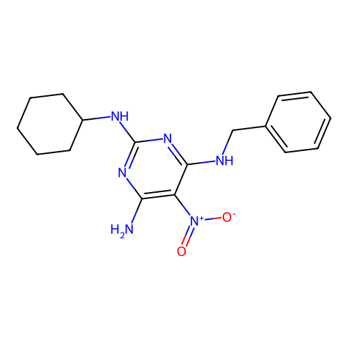 [6-Amino-2-(cyclohexylamino)-5-nitropyrimidin-4-yl]benzylamine structure