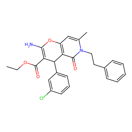 ethyl 2-amino-4-(3-chlorophenyl)-7-methyl-5-oxo-6-(2-phenylethyl)-4H,5H,6H-pyrano[3,2-c]pyridine-3-carboxylate structure