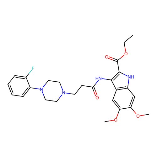 Ethyl 3-[3-[4-(2-fluorophenyl)piperazin-1-yl]propanoylamino]-5,6-dimethoxy-1H-indole-2-carboxylate structure