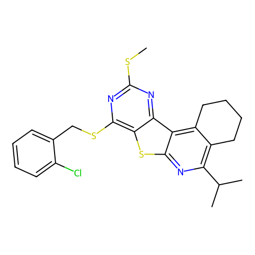 8-((2-chlorobenzyl)thio)-5-isopropyl-10-(methylthio)-1,2,3,4-tetrahydropyrimido[4',5':4,5]thieno[2,3-c]isoquinoline structure