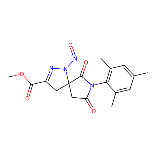 methyl 1-nitroso-6,8-dioxo-7-(2,4,6-trimethylphenyl)-1,2,7-triazaspiro[4.4]non-2-ene-3-carboxylate structure