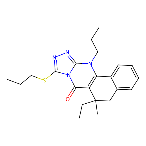 6-ethyl-6-methyl-12-propyl-9-(propylthio)-5,6-dihydrobenzo[h][1,2,4]triazolo[3,4-b]quinazolin-7(12H)-one structure