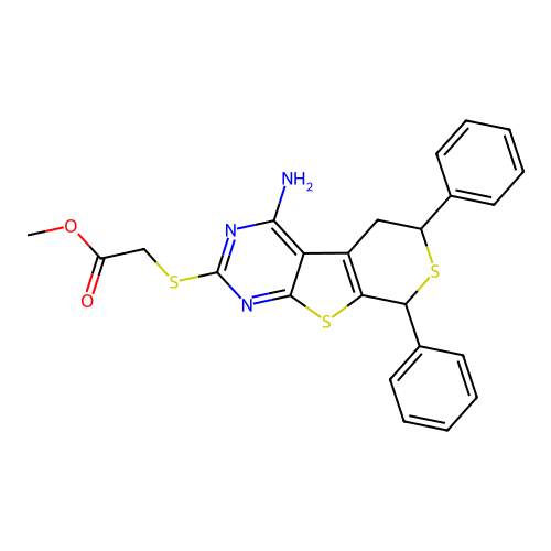 (4-Amino-6,8-diphenyl-5,8-dihydro-6H-thiopyrano[4',3':4,5]thieno[2,3-d]pyrimidin-2-ylsulfanyl)-acetic acid methyl ester structure