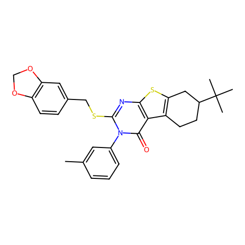 2-((benzo[d][1,3]dioxol-5-ylmethyl)thio)-7-(tert-butyl)-3-(m-tolyl)-5,6,7,8-tetrahydrobenzo[4,5]thieno[2,3-d]pyrimidin-4(3H)-one structure