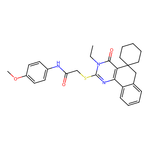 2-((3-ethyl-4-oxo-4,6-dihydro-3H-spiro[benzo[h]quinazoline-5,1'-cyclohexan]-2-yl)thio)-N-(4-methoxyphenyl)acetamide structure