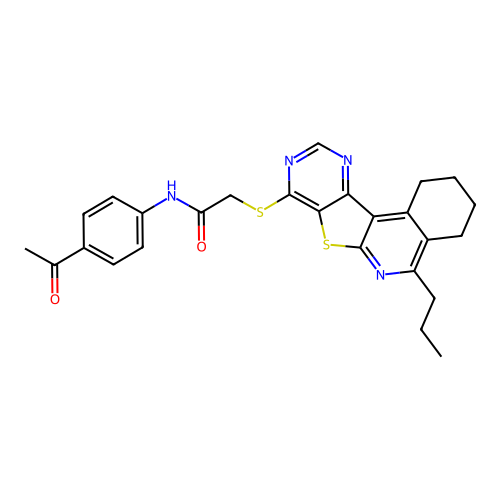 N-(4-acetylphenyl)-2-((5-propyl-1,2,3,4-tetrahydropyrimido[4',5':4,5]thieno[2,3-c]isoquinolin-8-yl)thio)acetamide structure
