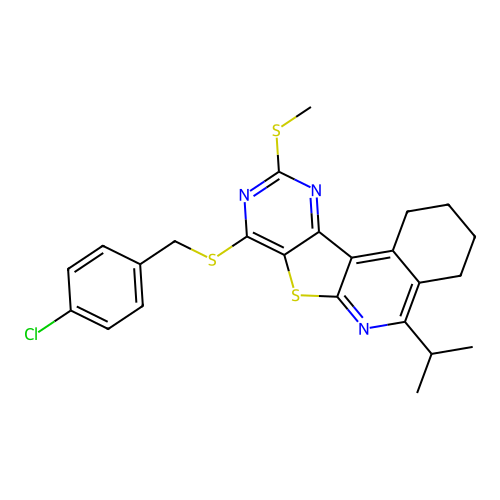 8-((4-chlorobenzyl)thio)-5-isopropyl-10-(methylthio)-1,2,3,4-tetrahydropyrimido[4',5':4,5]thieno[2,3-c]isoquinoline structure