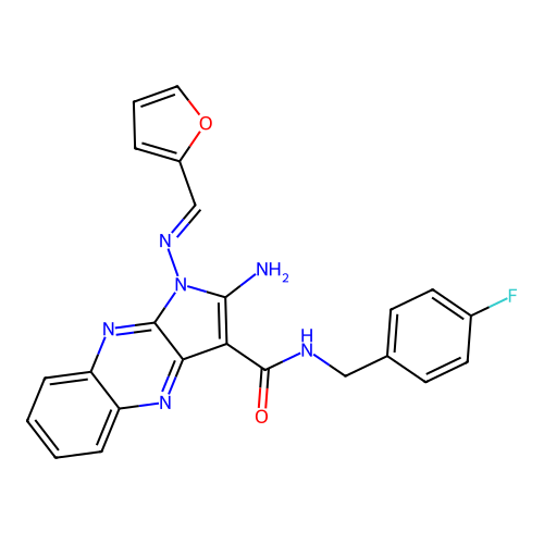 (E)-2-amino-N-(4-fluorobenzyl)-1-((furan-2-ylmethylene)amino)-1H-pyrrolo[2,3-b]quinoxaline-3-carboxamide structure