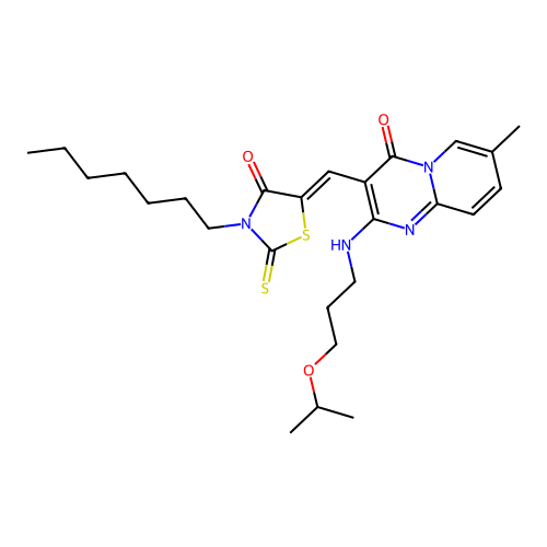 3-[(Z)-(3-heptyl-4-oxo-2-thioxo-1,3-thiazolidin-5-ylidene)methyl]-7-methyl-2-{[3-(propan-2-yloxy)propyl]amino}-4H-pyrido[1,2-a]pyrimidin-4-one structure