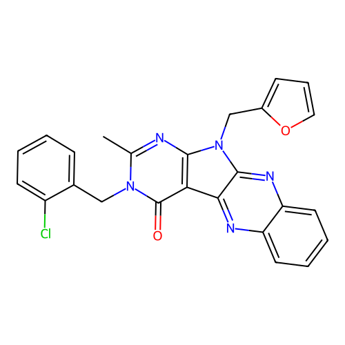 3-(2-chlorobenzyl)-11-(furan-2-ylmethyl)-2-methyl-3H-pyrimido[5',4':4,5]pyrrolo[2,3-b]quinoxalin-4(11H)-one structure