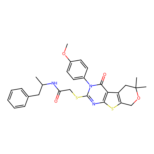 2-((3-(4-methoxyphenyl)-6,6-dimethyl-4-oxo-4,5,6,8-tetrahydro-3H-pyrano[4',3':4,5]thieno[2,3-d]pyrimidin-2-yl)thio)-N-(1-phenylpropan-2-yl)acetamide structure