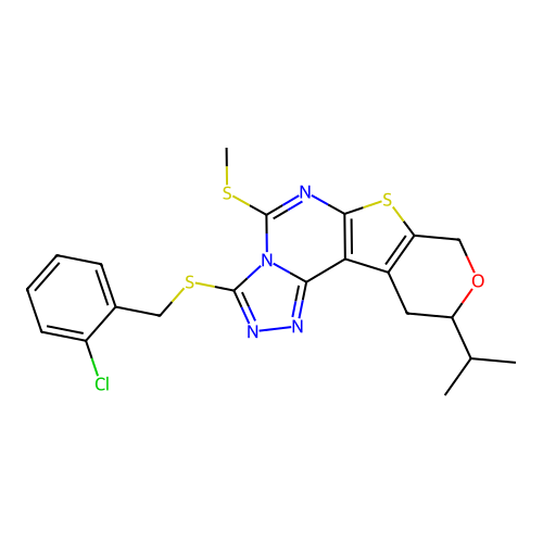 3-((2-chlorobenzyl)thio)-10-isopropyl-5-(methylthio)-10,11-dihydro-8H-pyrano[4',3':4,5]thieno[3,2-e][1,2,4]triazolo[4,3-c]pyrimidine structure