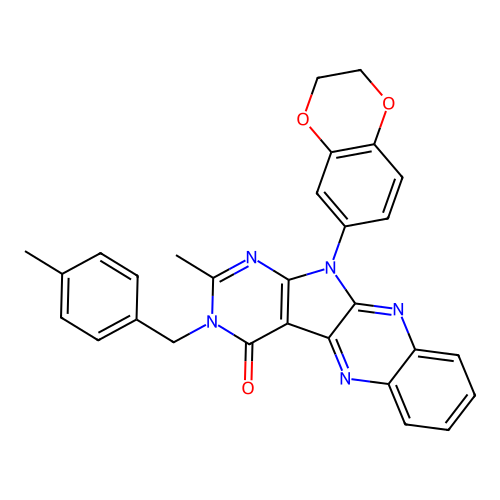 11-(2,3-dihydrobenzo[b][1,4]dioxin-6-yl)-2-methyl-3-(4-methylbenzyl)-3H-pyrimido[5',4':4,5]pyrrolo[2,3-b]quinoxalin-4(11H)-one structure