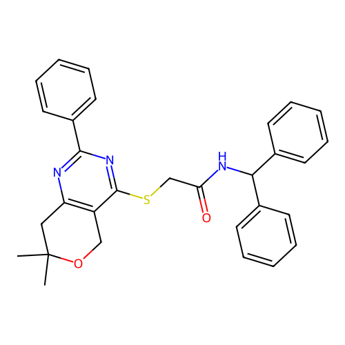 2-[(7,7-dimethyl-2-phenyl-7,8-dihydro-5H-pyrano[4,3-d]pyrimidin-4-yl)sulfanyl]-N-(diphenylmethyl)acetamide structure
