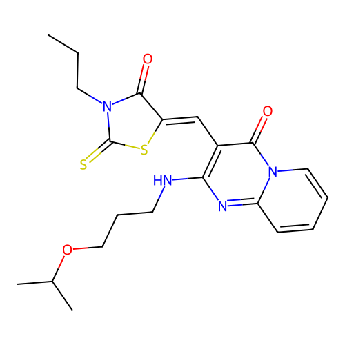 3-[(Z)-(4-oxo-3-propyl-2-thioxo-1,3-thiazolidin-5-ylidene)methyl]-2-{[3-(propan-2-yloxy)propyl]amino}-4H-pyrido[1,2-a]pyrimidin-4-one structure