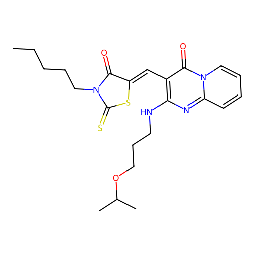 3-[(Z)-(4-oxo-3-pentyl-2-thioxo-1,3-thiazolidin-5-ylidene)methyl]-2-{[3-(propan-2-yloxy)propyl]amino}-4H-pyrido[1,2-a]pyrimidin-4-one structure