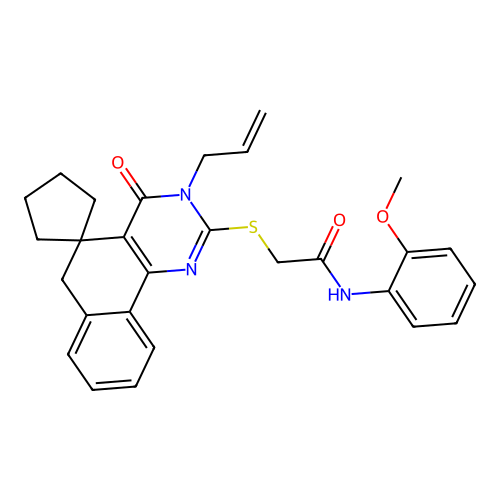 2-((3-allyl-4-oxo-4,6-dihydro-3H-spiro[benzo[h]quinazoline-5,1'-cyclopentan]-2-yl)thio)-N-(2-methoxyphenyl)acetamide structure