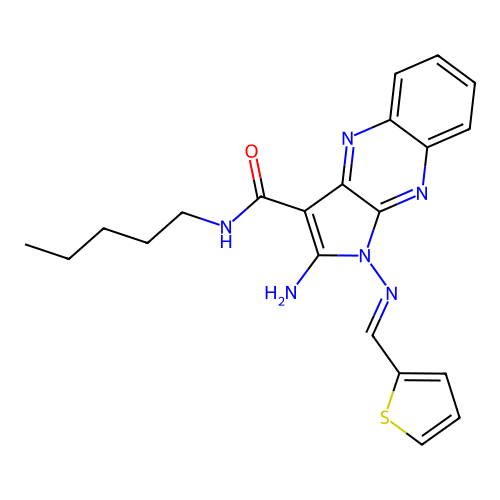 (E)-2-amino-N-pentyl-1-((thiophen-2-ylmethylene)amino)-1H-pyrrolo[2,3-b]quinoxaline-3-carboxamide structure