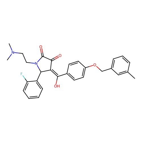 1-(2-dimethylaminoethyl)-5-(2-fluorophenyl)-4-[hydroxy-[4-[(3-methylphenyl)methoxy]phenyl]methylidene]pyrrolidine-2,3-dione structure